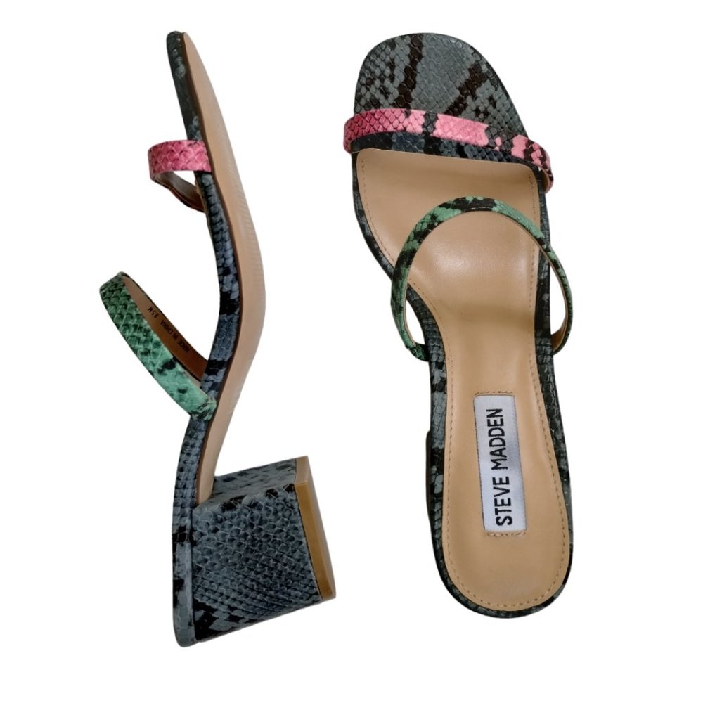 Steve Madden Issy Slip on Slide Block Heel Snake Skin Sandal Green/Pink Size 8.5